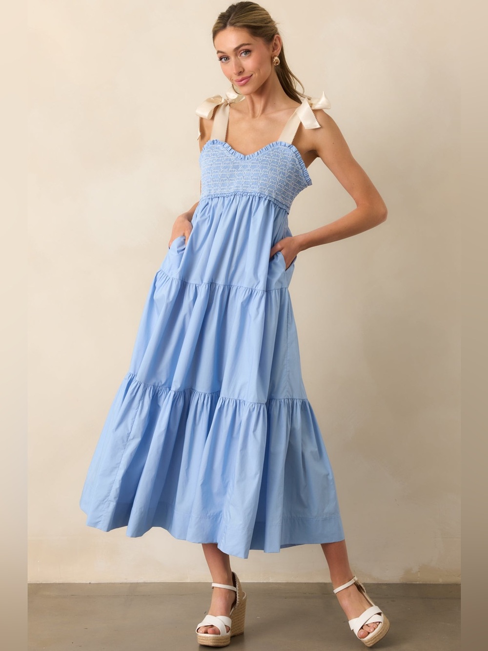 LOVELO Boutique Light Blue Smocked Tiered Maxi Dress